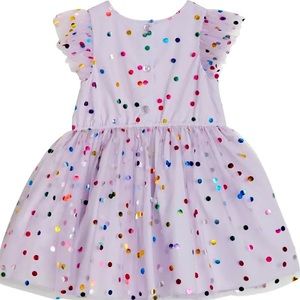 Rainbow foil dots shimmer fit-and-flare dress, ruffled shoulders & a full skirt